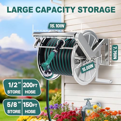 Stainless Steel Garden Hose Reel Heavy Duty, Wall Mount Water Hose Holder, 150 Feet of 5/8 Inch Hoses Capacity, Hose Reels with 5 ft Inlet Hose for Outside, Lawn, Yard, Garage - size: 150 ft Capacity without Hose