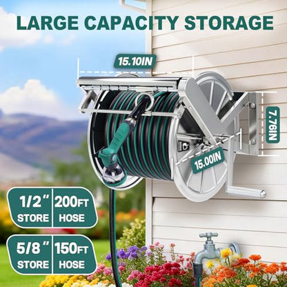 Stainless Steel Garden Hose Reel Heavy Duty, Wall Mount Water Hose Holder, 150 Feet of 5/8 Inch Hoses Capacity, Hose Reels with 5 ft Inlet Hose for Outside, Lawn, Yard, Garage - size: 150 ft Capacity without Hose