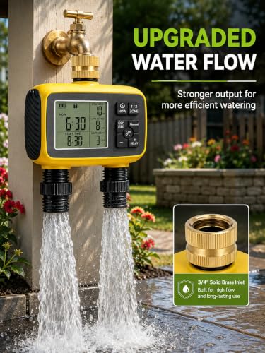 Hose Timer 2 Outlet, 2 Zone Programmable Sprinkler Timer with Rain Delay & Manual Mode, Heavy Duty Digital Timer for Garden Hose, Auto Irrigation Controller for Lawn, Yard & Drip Irrigation Outdoor