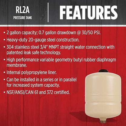 Red Lion RL2A,In-line Pre-Charged Well Pressure Tank, 2 gallon - style: 2 Gallon Inline