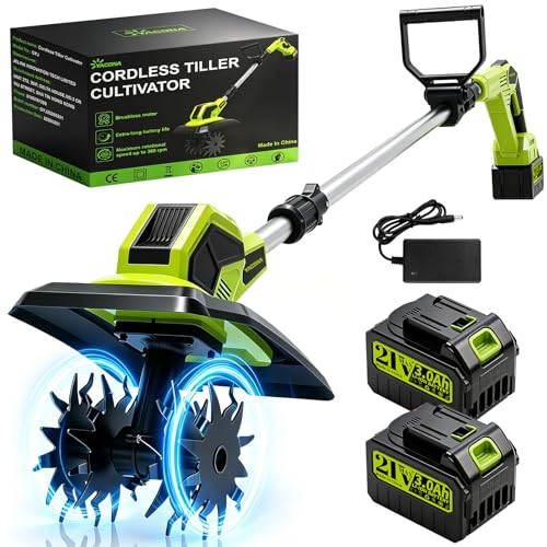 Cordless Tiller Cultivator, 400RPM Battery Powered Garden Cultivator