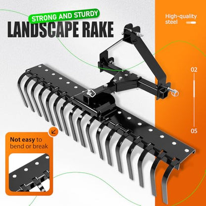KUAFU 50" 3 Point Landscape Rake for Category-0 Cat-0 Tractor with 360 - style: Black