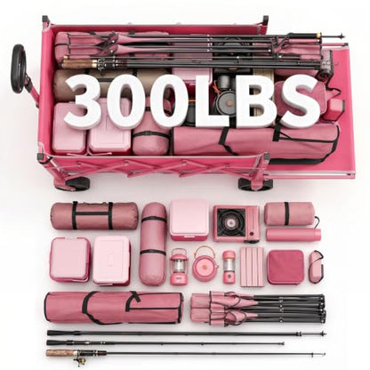 Sekey Collapsible Wagon Cart with Drop-Down Tailgate, 300 lb Capacity - color: Pink
