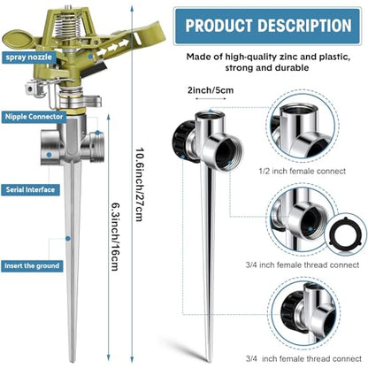 Chengu 8 Set Zinc Alloy Water Sprinklers for Lawns Yard Sprinklers Heavy Duty Sprinkler Heads Adjustable 360 Degree Watering Impact Sprinklers Pulsating Garden Sprinklers for Large Area Irrigation