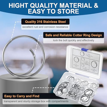 66 Pcs 316 Stainless Steel Cotter Ring Kit, 5 Sizes, Marine