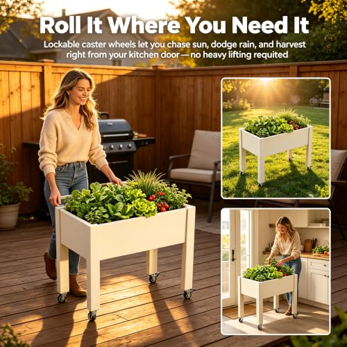 Elevated Raised Garden Bed with Wheels，74" Planter Outdoor Plants,White - color: White, size: 26.3"h