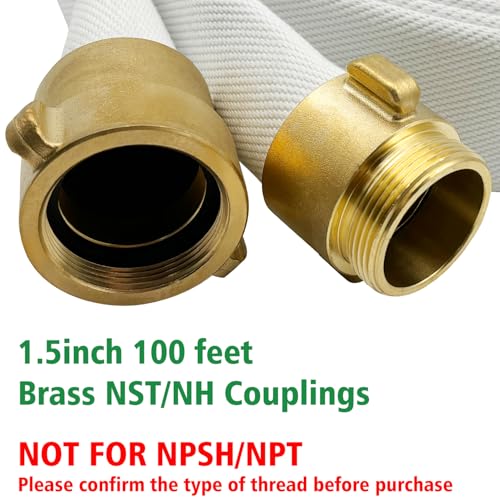 SAFBY Fire Hose - 1 1/2 inches x 100' Lay Flat Water Hose - Firehose White Industrial Hose - NST/NH Couplings - size: 1.5inch/100ft/NST(NH)