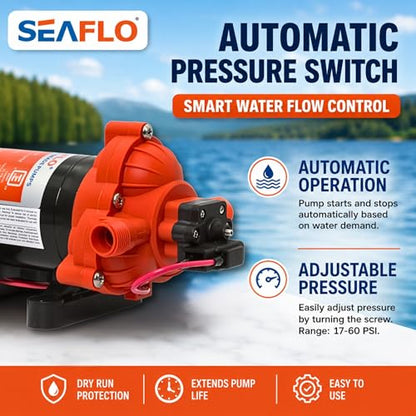 SEAFLO 33 series RV Water Pump - 12V, 3.0 GPM 45 PSI Diaphragm Pump, Self Priming On Demand Fresh Water Pump for RV Camper Boat Marine, Self Priming Pressure Pump, NSF UL 4-Year Warranty - style: 45 PSI- 3.0 GPM