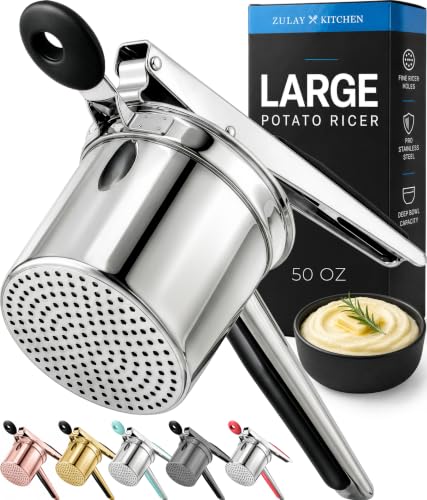 Zulay Kitchen Large 15oz Potato Ricer, Heavy Duty Stainless Steel Potato Masher and Ricer for Mashed Potatoes, Mashed Potato Masher & Potato Press Kitchen Gadget for Perfect Mashed Potatoes - color: Silver & Black, size: Fixed Disc