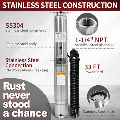 1HP Deep Well Submersible Pump 115V/60Hz, 34GPM, 196ft Head, with 33ft Cable, Stainless Steel Water Well Pump for 4'' Deep Well, Industrial, Irrigation and Home Use Submersible Well Pumps - color: Silver