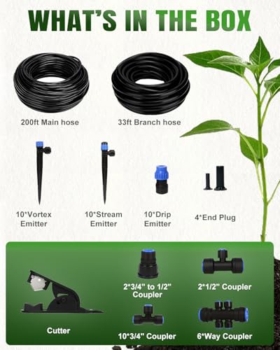 230FT Drip Irrigation System with 1/2" 1/4" Irrigation Tubing and Emitters - size: 232 FT