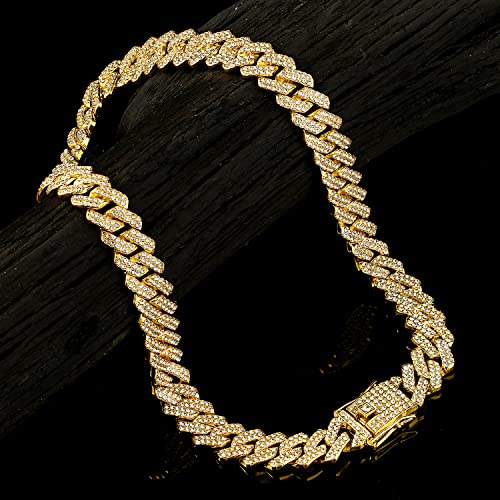 JUNVirtuous Cuban Link Chain Mens Iced Out Miami Cuban Necklace Silver/Gold Bling Diamond Hip Hop Jewelry for Women - color: 18 inch Gold Necklace