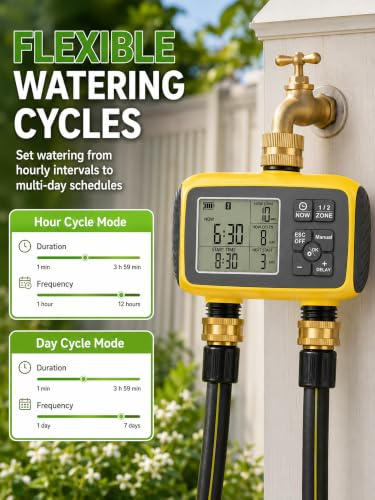 Hose Timer 2 Outlet, 2 Zone Programmable Sprinkler Timer with Rain Delay & Manual Mode, Heavy Duty Digital Timer for Garden Hose, Auto Irrigation Controller for Lawn, Yard & Drip Irrigation Outdoor