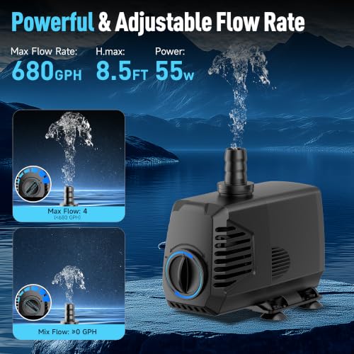 POPOSOAP 680GPH Submersible Water Pump, Water Fountain (2400L/H, 55W) with 8.5FT High Lift Adjustable & 3 Nozzles & 16.4FT Cord, Ultra Quiet Aquarium Pump for Pond Fountain Waterfall Hydroponics-Q104 - size: 680GPH