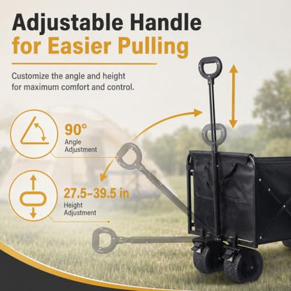 Wagons Carts Foldable Heavy Duty, 600 lb Tank Wheel Wagon with Brakes - color: Light Black