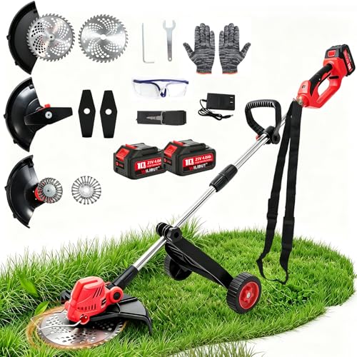 Cordless Weed Wacker with 2 x 4.0Ah Batteries and Wheel - color: Red