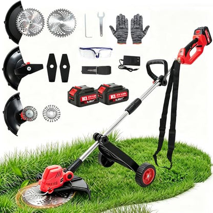 Cordless Weed Wacker with 2 x 4.0Ah Batteries and Wheel - color: Red
