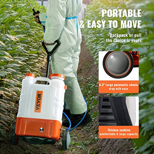 VEVOR 4 Gallon Battery Powered Backpack Sprayer with Wheeled Cart, Adjustable 0-94 PSI, 13FT Hose, 6 Nozzles, 2 Wands Included, Wide Mouth Lid for Weeding, Cleaning, Long Spray Time Without Fatigue - size: 4 Gal with Cart