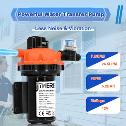 12V Fresh Water Pump,Sprayer Pump,7.0GPM,75PSI 5 Chamber Self-Priming Diaphragm Pump,Ideal for Agricultural Spraying,RV,Marine,Yacht Sprayer and Pressure Washing-1/2 MNPT Connection - color: Orange1