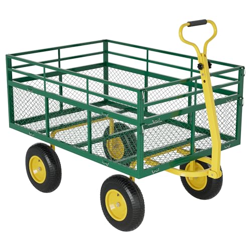 3-in-1 Heavy-Duty Steel Garden Cart, 1400 Lbs Garden Wagon, with 13 Inch All-Terrain Tires and Removable Mesh Side Panels, 180° Rotating Handle, Metal Utility Yard Trailer, Outdoor Gardens Wagon Cart - color: Green + Yellow, size: 1400 Lb