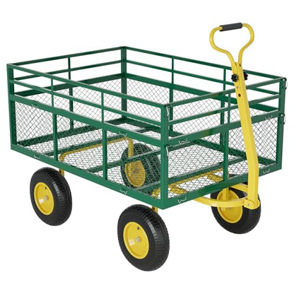 3-in-1 Heavy-Duty Steel Garden Cart, 1400 Lbs Garden Wagon, with 13 Inch All-Terrain Tires and Removable Mesh Side Panels, 180° Rotating Handle, Metal Utility Yard Trailer, Outdoor Gardens Wagon Cart - color: Green + Yellow, size: 1400 Lb