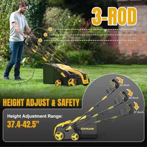 2026 Upgraded Electric Dethatcher Scarifier 16-Inch, EVEAGE 2-in-1 Lawn Dethatcher with 5-Position Depth Adjustment, 14.5-Gallon Collection Bag, Quick-Fold Lawn Scarifier for Healthy Lawn - color: yellow