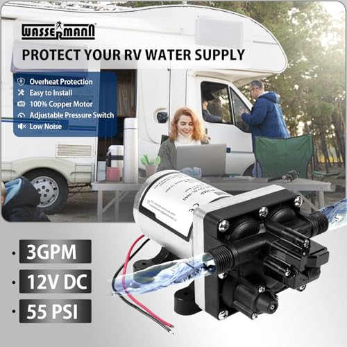WASSERMANN RV Water Pump 12V DC 4008-101-A65/E65 Replacement, 3.0 GPM 55PSI, Quiet Pump with Pressure Switch for Camper RV Shower Garden Industrial Yacht Sprayer Food Truck Travel Trailer Water Pumps - color: White03