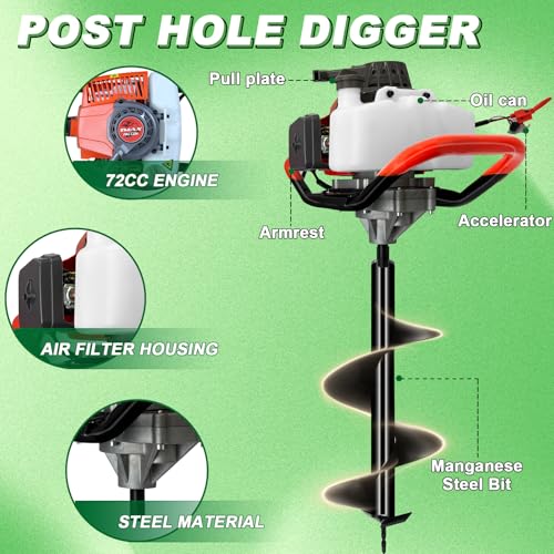 72CC Earth Auger Post Hole Digger Gas Powered w/ 3" & 5" & 8" Bits - size: 3" & 5" & 8" Bits + 24“ & 24" Ext Rod