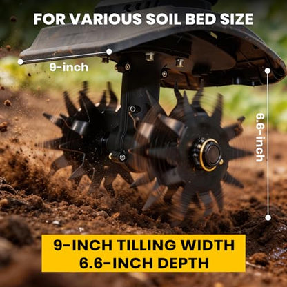 Cordless Tiller Cultivator Compatible with Dewalt 20V Battery(Tool Only), 9-Inch Tilling Width, 6.6-Inch Depth 360RPM Electric Brushless Tiller Garden Rototiller for Lawn/Gardening/Soil Cultivation