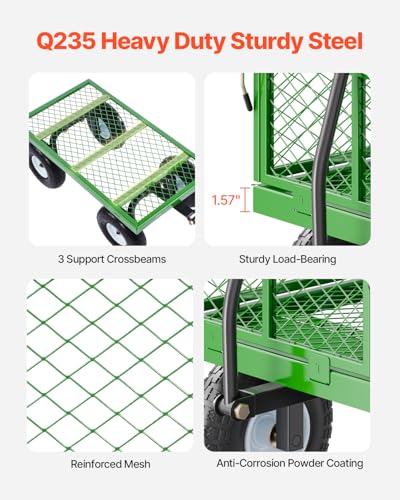 VEVOR 680 Lbs Steel Garden Cart on Wheels, Heavy Duty Garden Wagon Cart Pullable, Metal Outdoor Utility Yard Wagon Carts with 10" Tires, Mesh Removable Sides and 180°Rotating Handle - color: Black+green