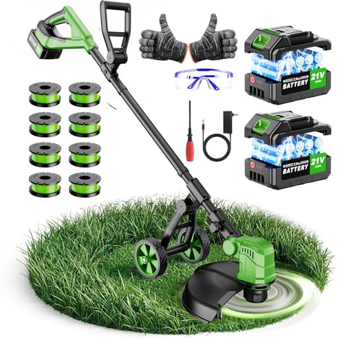 20000RPM 3 in 1 Electric Cordless String Trimmer Battery Powered Weed Eater, Cordless Weed Wacker Edger Grass Trimmer, Battery Wheeled Weed Trimmer with 8 Replacement Spools for Garden, Lawn
