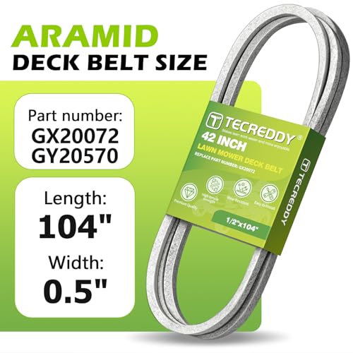 GX20072 Mower Deck Belt for John Deere 42 inch D105 D110 D130 E100 L100 L110 L118 L120 L130 LA105 LA115 S100 100 Series Lawn Mower GY20570 - Aramid Deck Belt, 1/2" X 104" - size: 103.7"L x 0.5"W