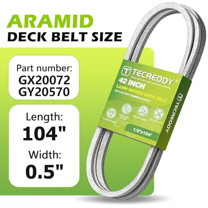 GX20072 Mower Deck Belt for John Deere 42 inch D105 D110 D130 E100 L100 L110 L118 L120 L130 LA105 LA115 S100 100 Series Lawn Mower GY20570 - Aramid Deck Belt, 1/2" X 104" - size: 103.7"L x 0.5"W