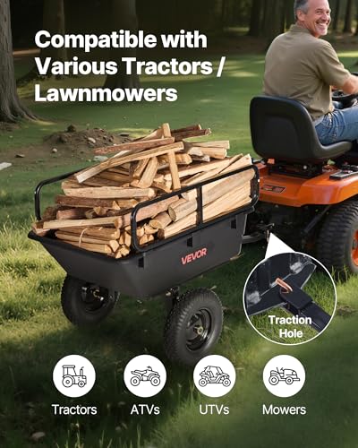 VEVOR 500Lbs 10 Cu.Ft. ATV UTV Trailer Tow Behind Dump Cart, Heavy Duty Pull Behind Utility Dump Trailer for Lawn Mower Trailer Tractor Garden Yard with 16in Tires - color: Black01