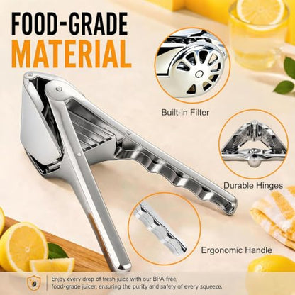 Lemon Squeezer Manual Stainless Steel - Max Extraction Hand Press Lemon Juicer, Metal Heavy-Duty Handheld Lime Squeezer, Easy Squeeze Fold-Flat Lime Citrus Fruit Extractor