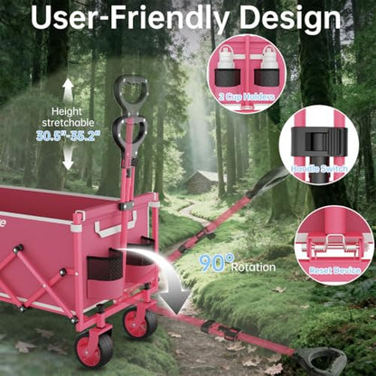 34" Extra Long Collapsible Wagon Cart, 480LBS Capacity, Rose Pink - color: Rose Pink