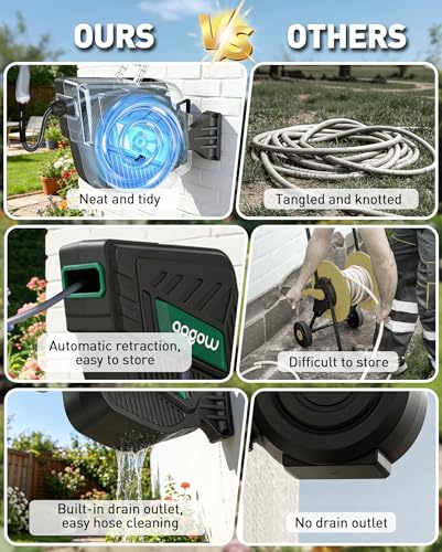 Retractable Garden Hose Reel: 1/2 in x 100 ft Wall Mounted Water Hose Reel with 10-Function Nozzle, Hose Reels for Outside, Any Length Lock, Brass Fittings, Slow Auto Rewind & 180° Swivel - color: Gray-green