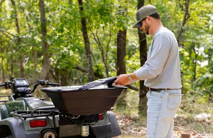 MAXXTUFF Food Plot Spreader, 50 lb Capacity 12V ATV Broadcast Seeder for Seed, Fertilizer & Deer Feed, Adjustable Shut-Off Gate, Universal ATV Mount with Hopper Cover