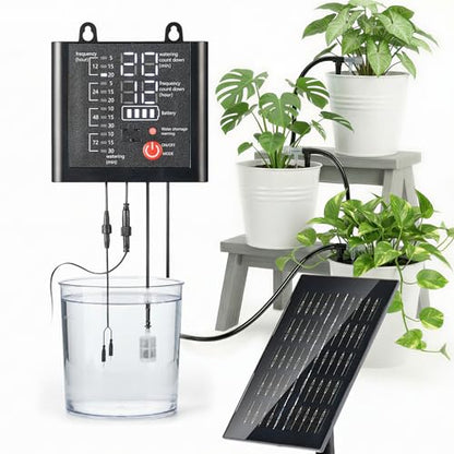 49ft Solar Drip Irrigation System with USB Charging for 15 Potted Plants - color: Black