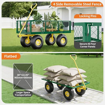 Heavy Duty 900 Lbs Capacity Mesh Steel Garden Cart Folding Utility Wagon with Removable Sides & 180° Rotating Handle for Garden, Lawn, Warehouse, Farm - color: 900lbs Green + Yellow