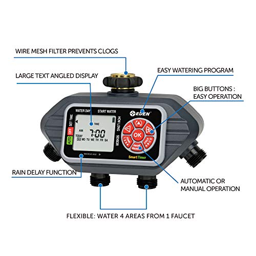 Eden 93413 Programmable Digital Water Timer 4-Zone, Compatible with Wireless Soil Moisture Sensor - size: 4 Zone
