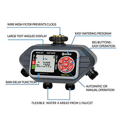 Eden 93413 Programmable Digital Water Timer 4-Zone, Compatible with Wireless Soil Moisture Sensor - size: 4 Zone
