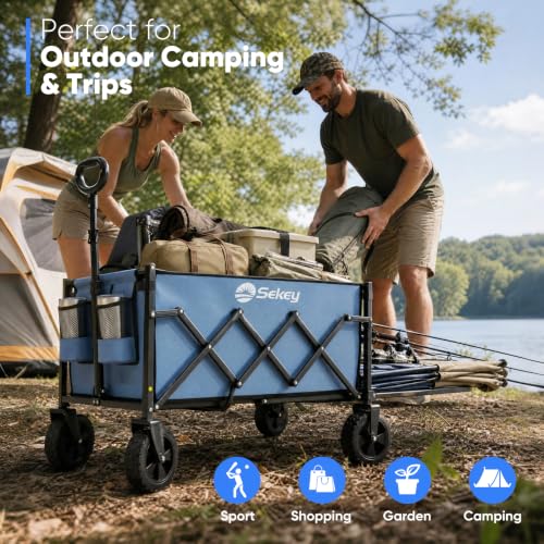 Sekey Collapsible Wagon Cart with Drop-Down Tailgate, 300 lb Capacity - color: Blue