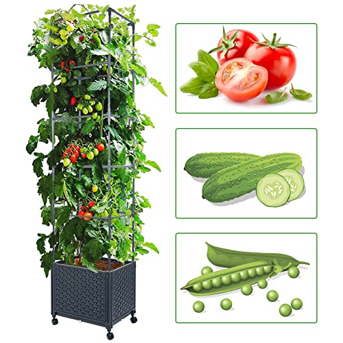 LINEX Raised Garden Bed Planter Box with Trellis, 67.6” Tomato Planters for Climbing Plants Vegetable Vine Flowers Outdoor Patio, Tomatoes Cage w/Self-Watering & Wheels - size: 16.4*12.4*67.6 inch