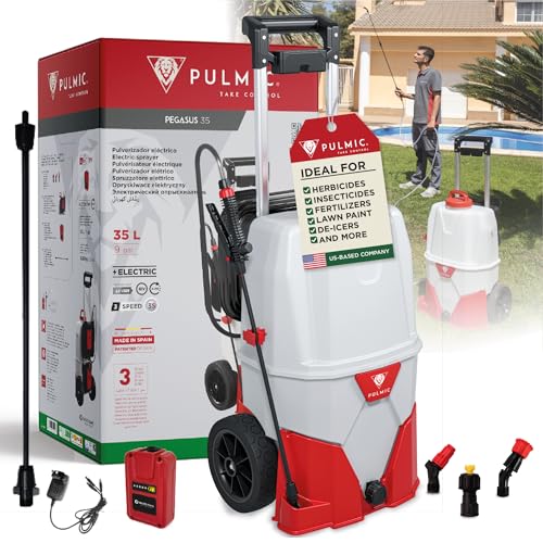 PULMIC Electric Sprayer Pegasus 35. 9.25-Gallon Cart Sprayer. 3 Application Speeds Up to 60 PSI Pressure. 18V Removable Lithium Battery. Up to 7 Hours of Autonomy. 20 ft Hose and Accessories Included - style: 9 Gal Cart Sprayer