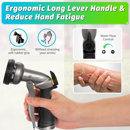 AUTOMAN Garden Hose Nozzle - 7 Patterns Sprayer, 100% Metal High Pressure Spray Nozzle, Labor-Saving Design, Heavy Duty Water Hose Nozzle for Garden Watering, Car Washing, Window Cleaning,Pets Bathing - color: Metalic Silver