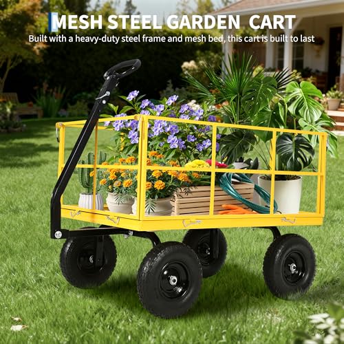 1500 lbs Steel Garden Cart, Folding Utility Wagon with Removable Sides, Garden Wagon Cart on Wheels, Metal Utility Wagon Yard Trailer with 13 in Tires180° and Swivel Handle, Yellow - color: Yellow, size: 1500lbs Utility Wagon