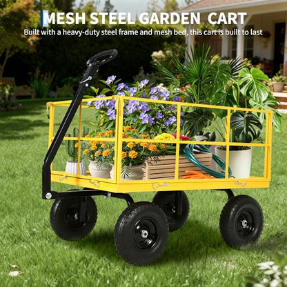 Heavy Duty 1500 lbs Steel Garden Cart, 3-in-1 Outdoor Utility Wagon with Removable Mesh Sides, 13" All-Terrain Wheels, 180° Rotating Handle for Lawn, Backyard, Farm & Gardening - color: Yellow