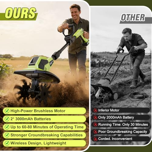 Cordless Tiller Cultivator, 21V Lightweight Tiller for Gardening with 2 * Batteries, Brushless Electric Tiller with 48 Steel Tines, 400RPM, 9.5" Tilling Width, 7" Depth for Gardening, Soil Turning