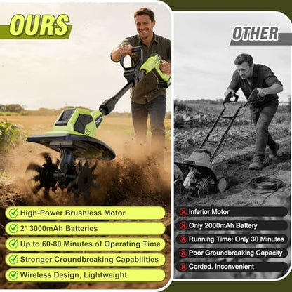 Cordless Tiller Cultivator, 21V Lightweight Tiller for Gardening with 2 * Batteries, Brushless Electric Tiller with 48 Steel Tines, 400RPM, 9.5" Tilling Width, 7" Depth for Gardening, Soil Turning